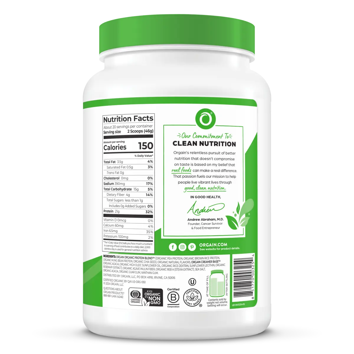 Organic Protein™ Plant Based Protein Powder - Vanilla Bean